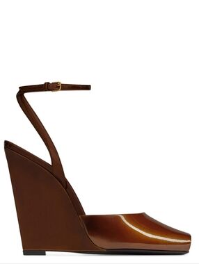 Saint Laurent LA SCANDALE  Brown Patent Leather Wedge with Browb Leather Heel 38